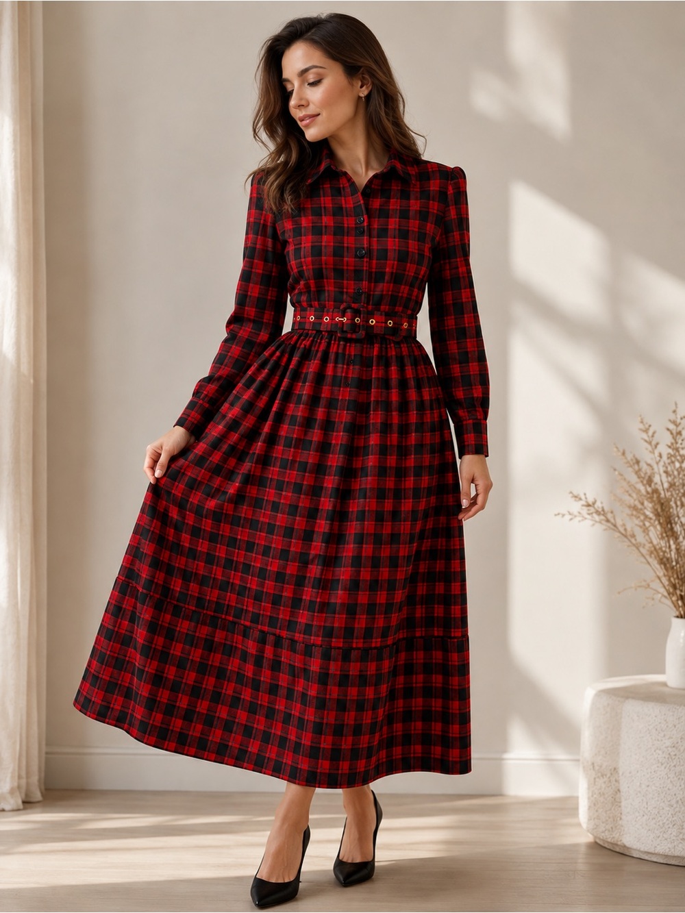 Classic Red and Black Plaid Button-Front Maxi Dress